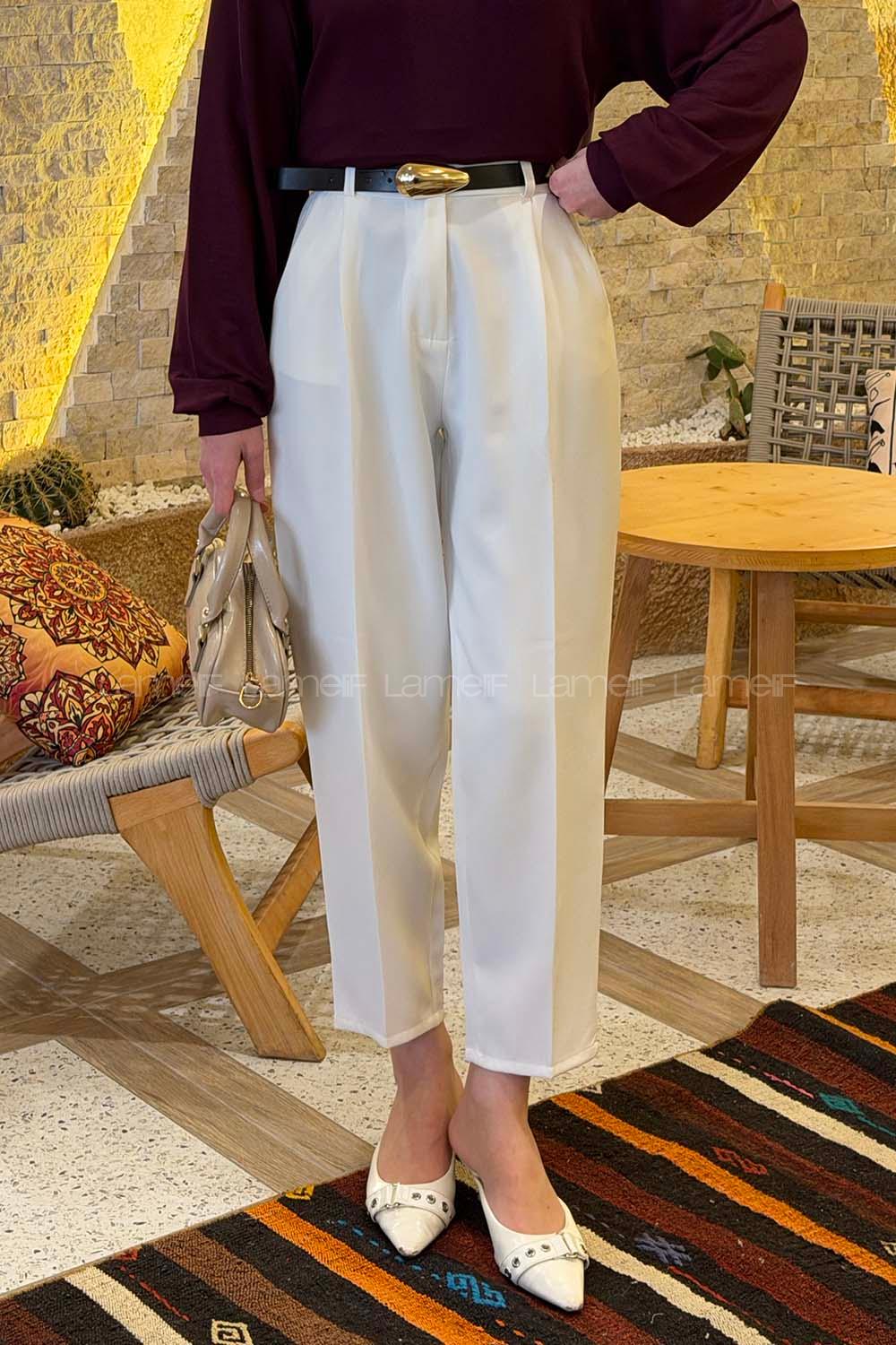 Lamelif Kemer Detaylı Havuç Pantolon Beyaz