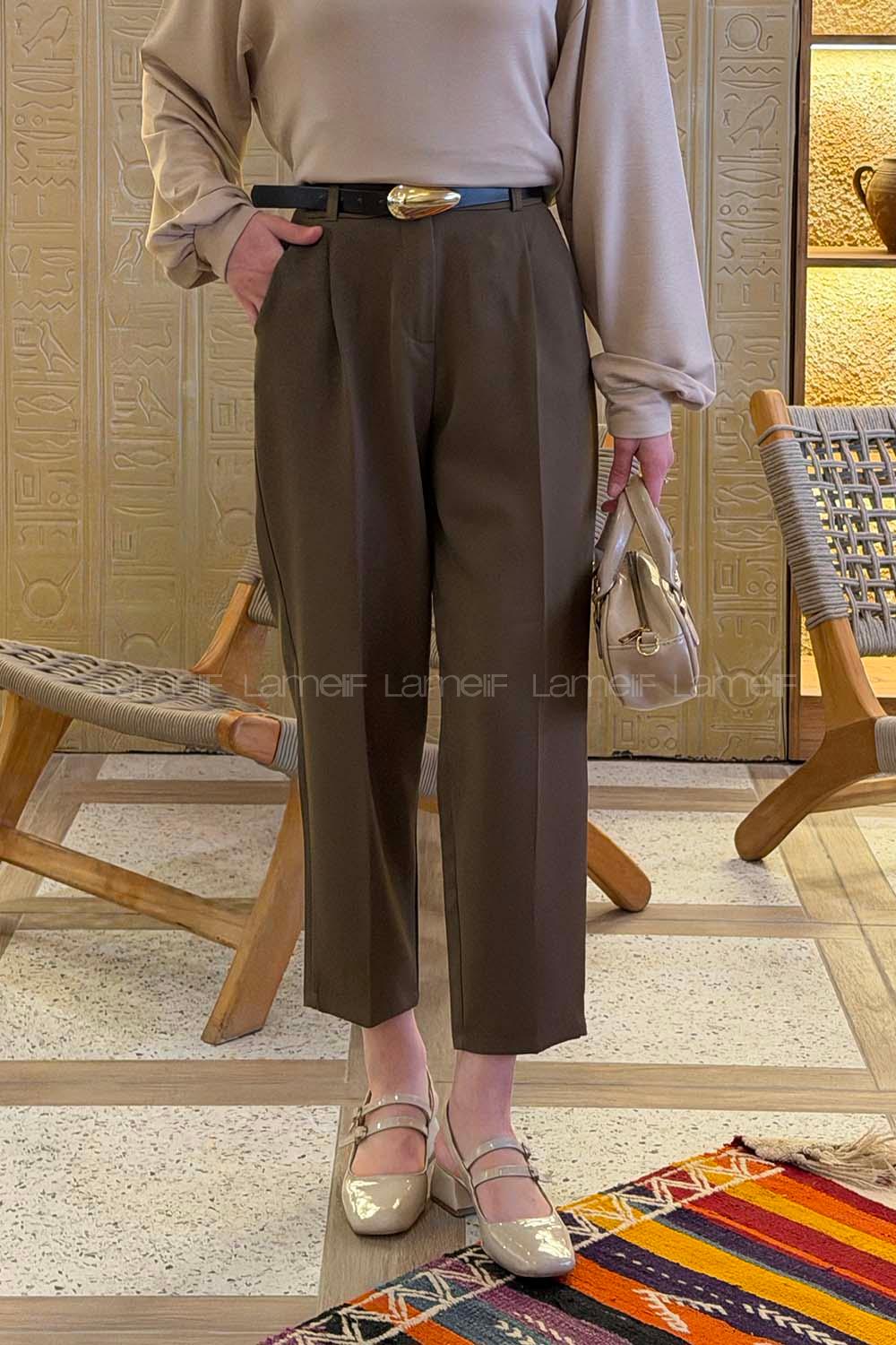 Lamelif Kemer Detaylı Havuç Pantolon Haki