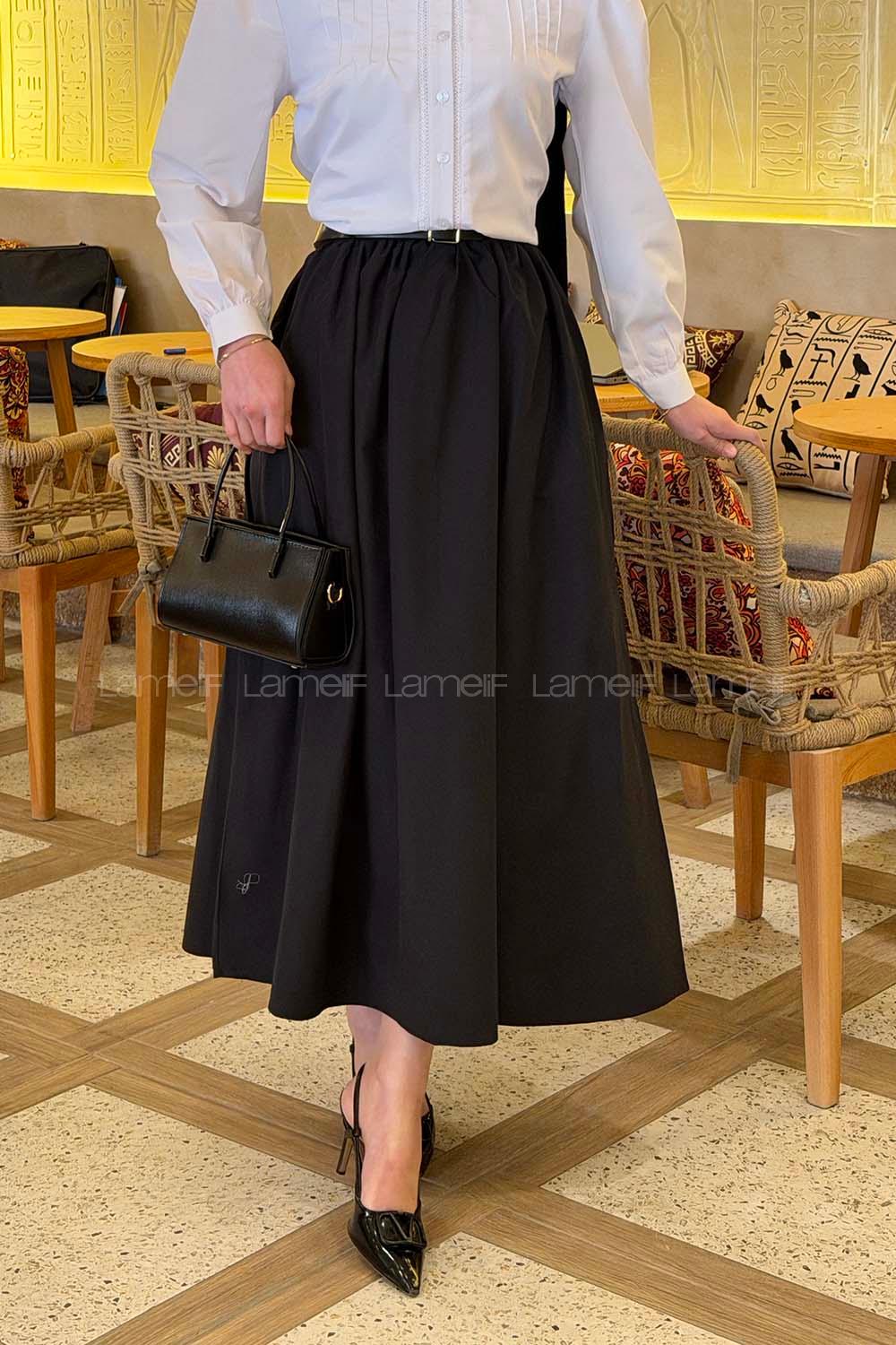 Lamelif Kemerli Poplin Etek Siyah