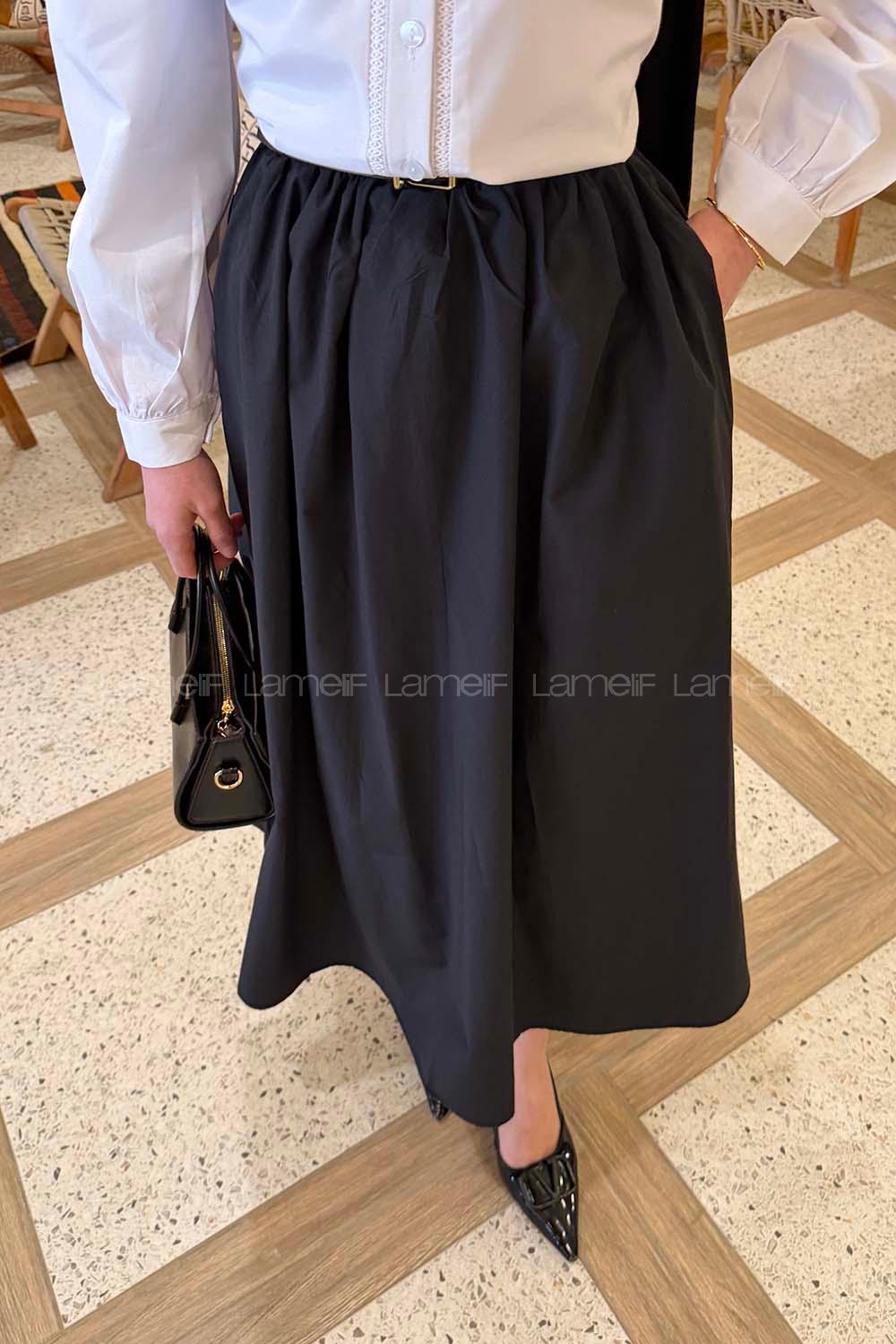 Lamelif Kemerli Poplin Etek Siyah