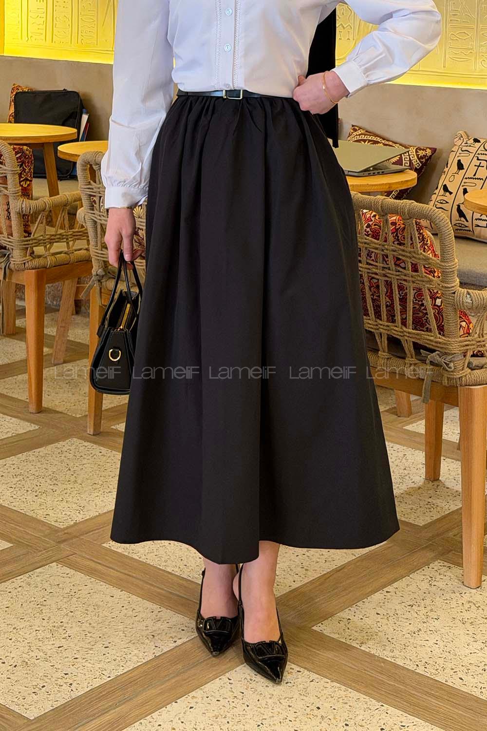 Lamelif Kemerli Poplin Etek Siyah