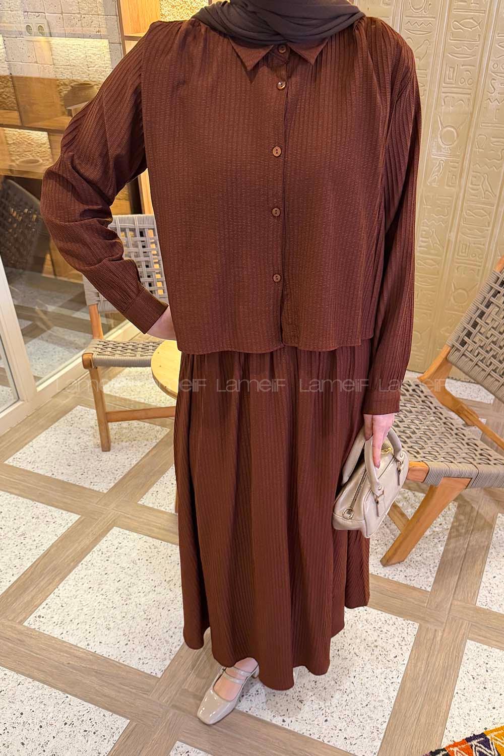 Brown Shirt Collar Long Arm Cotton Flared Skirt Suit