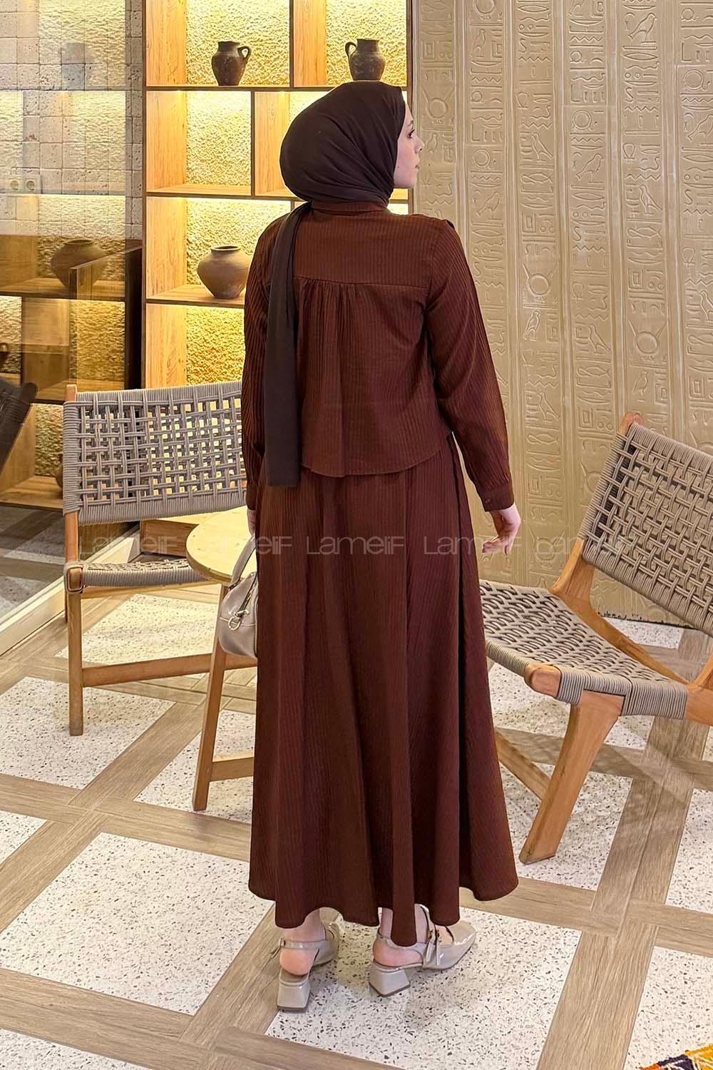 Brown Shirt Collar Long Arm Cotton Flared Skirt Suit