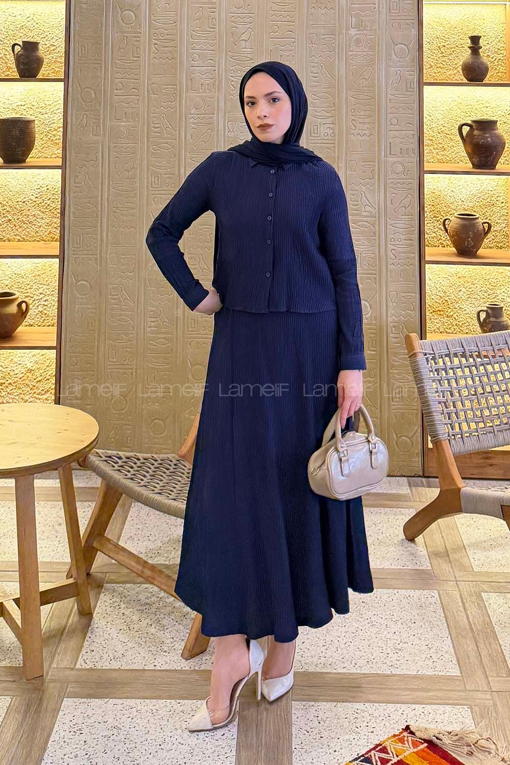 Light Navy Shirt Collar Long Arm Cotton Flared Skirt Suit