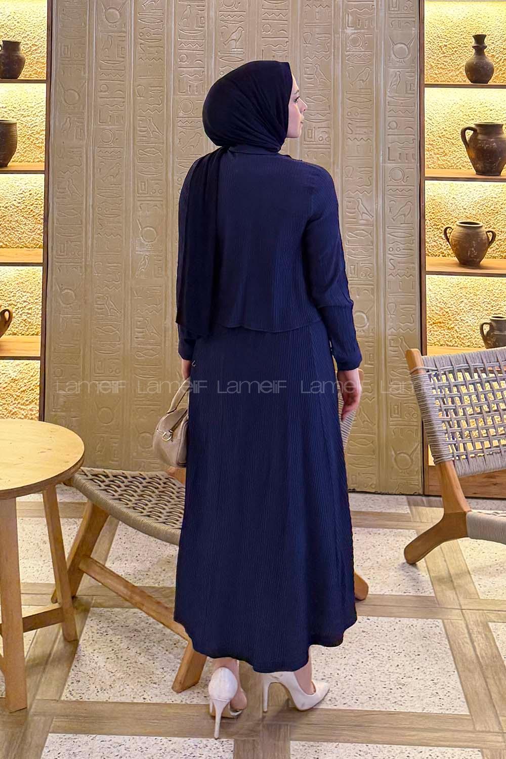 Light Navy Shirt Collar Long Arm Cotton Flared Skirt Suit
