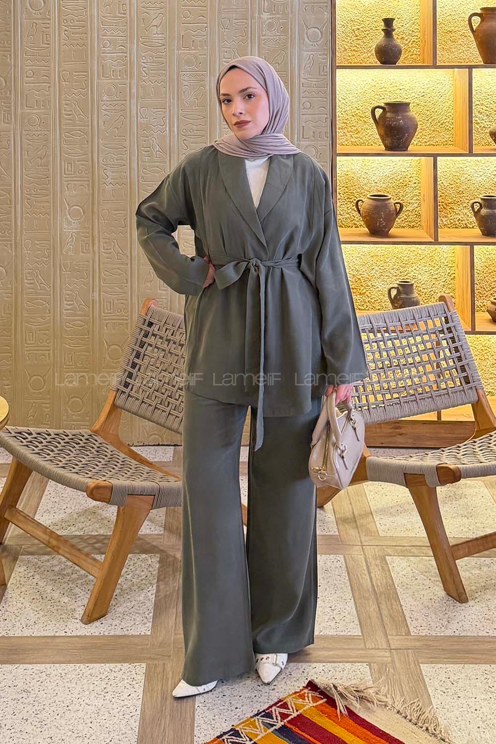 Lamelif Şal Yaka Tensel Pantolonlu Takım Haki