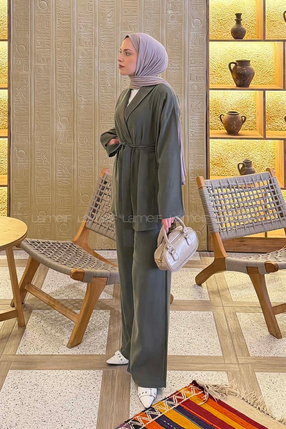 Lamelif Şal Yaka Tensel Pantolonlu Takım Haki