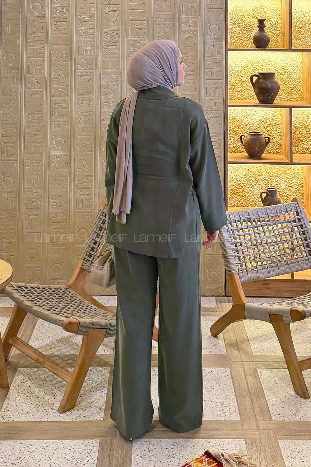 Lamelif Şal Yaka Tensel Pantolonlu Takım Haki