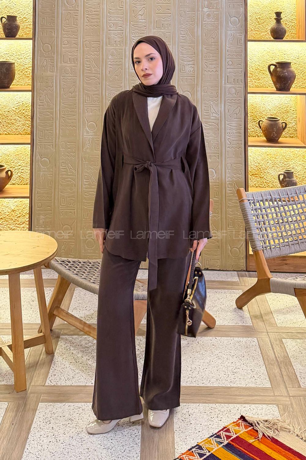 Lamelif Şal Yaka Tensel Pantolonlu Takım Kahverengi