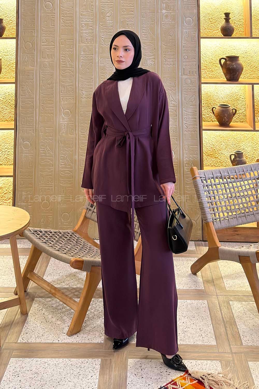 Lamelif Şal Yaka Tensel Pantolonlu Takım Mürdüm