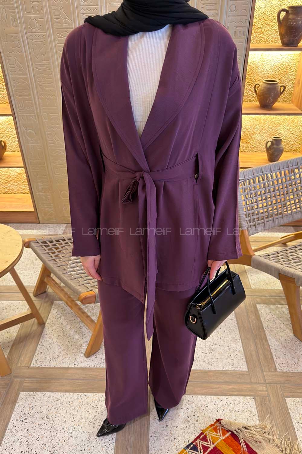 Lamelif Şal Yaka Tensel Pantolonlu Takım Mürdüm