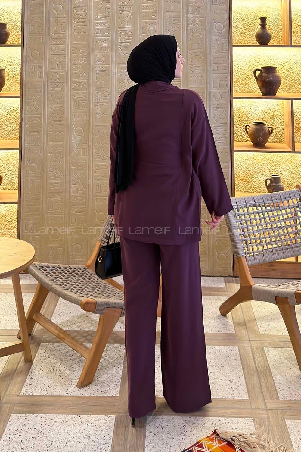 Lamelif Şal Yaka Tensel Pantolonlu Takım Mürdüm