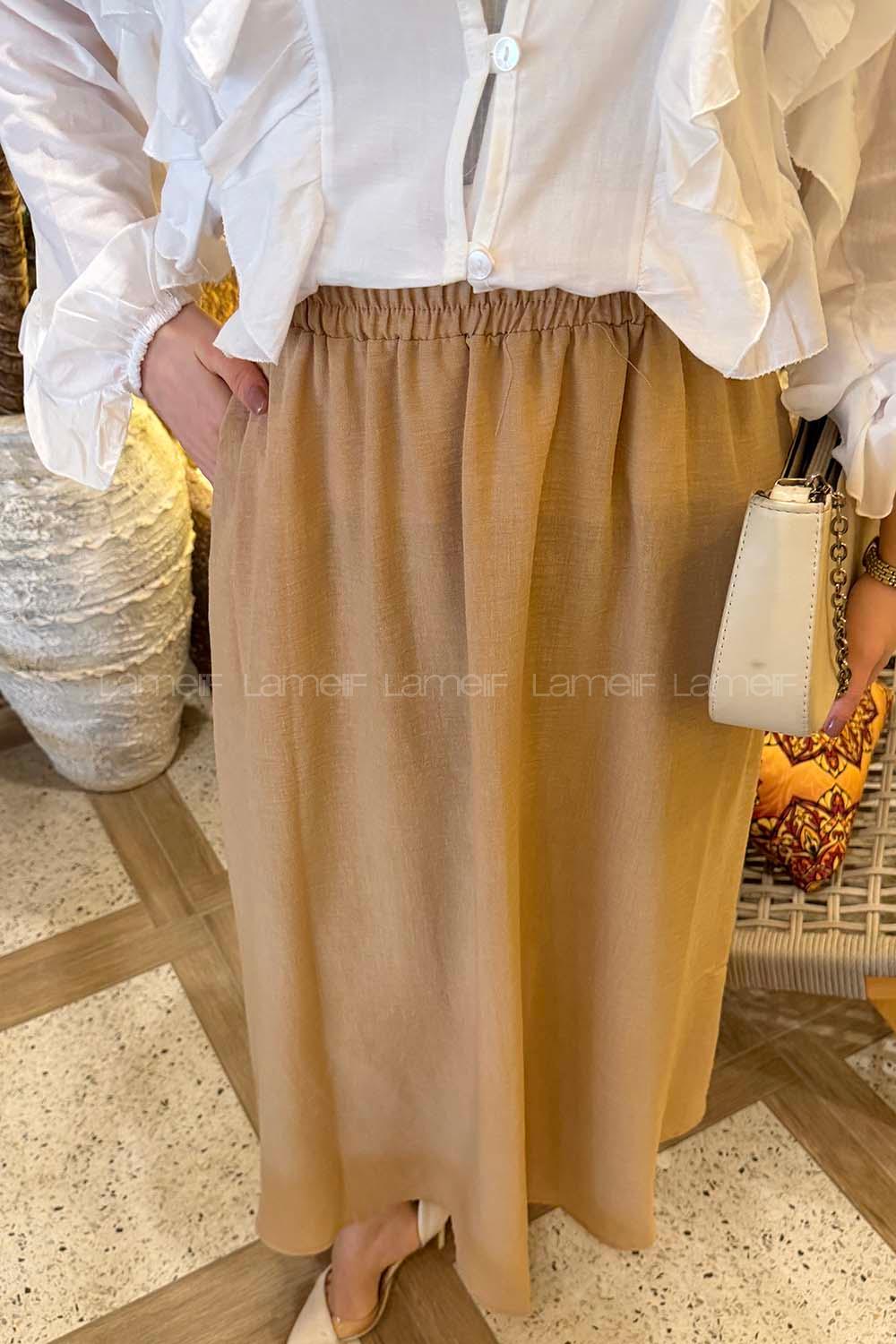 Camel Linen Unprinted Flared Skirt Skirt