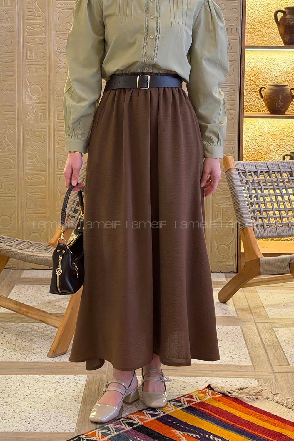 Brown Linen Unprinted Flared Skirt Skirt