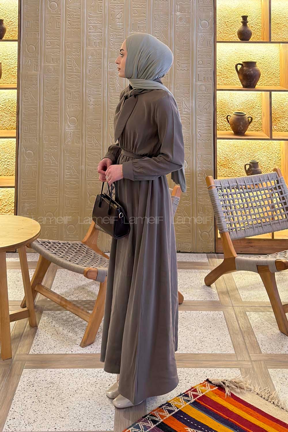 Khaki Shirt Collar Tensel Unprinted Dresess