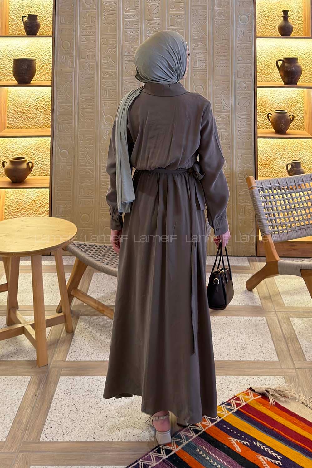 Khaki Shirt Collar Tensel Unprinted Dresess