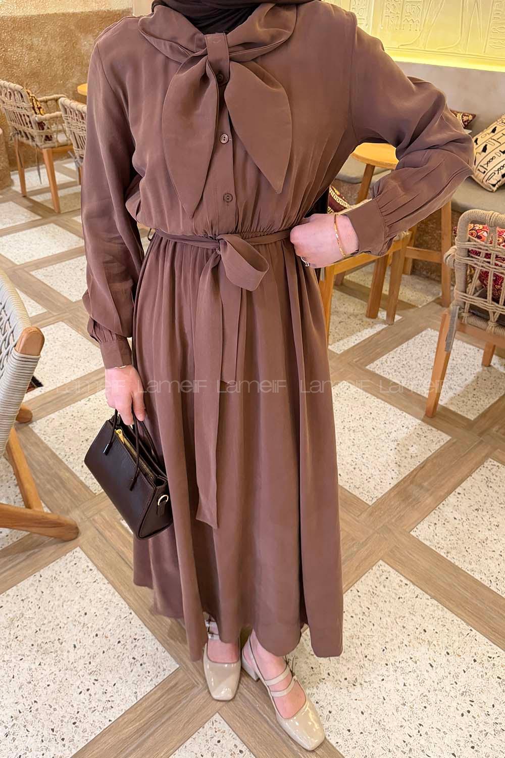 Brown Shirt Collar Tensel Unprinted Dresess