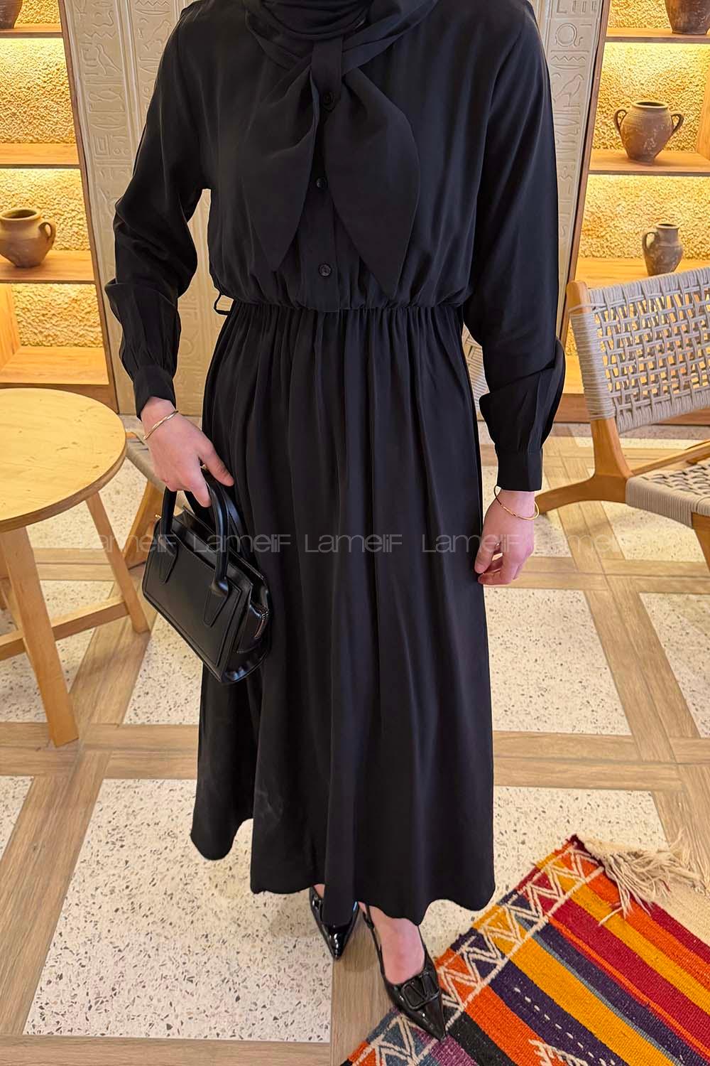 Black Shirt Collar Tensel Unprinted Dresess