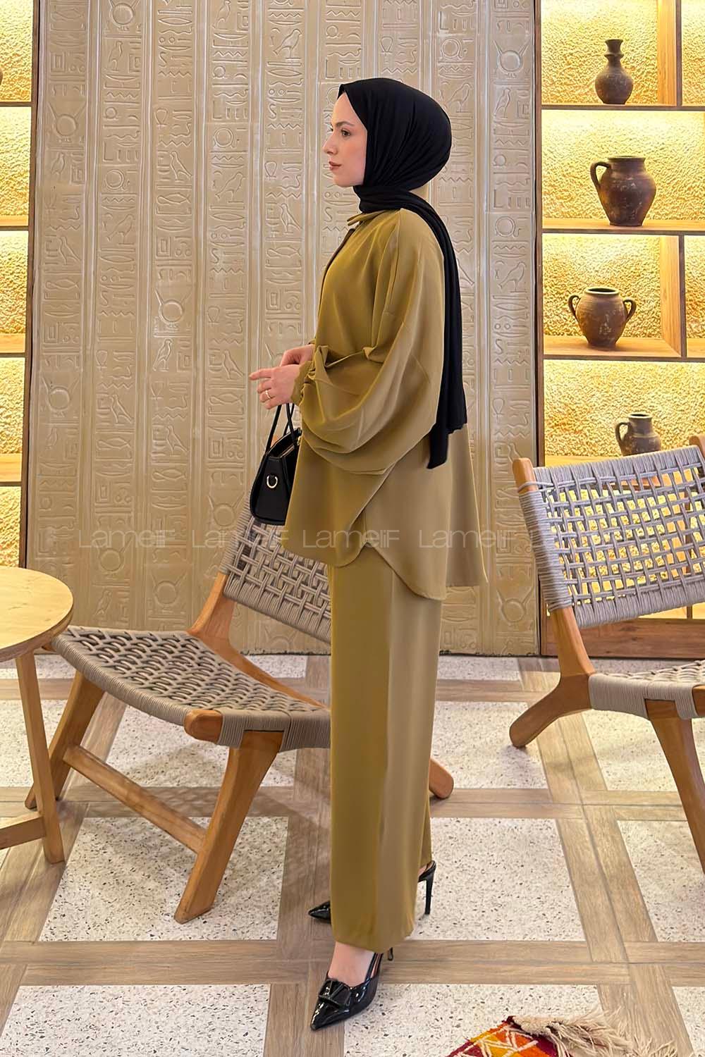 Lamelif Kol Büzgü Detaylı Takım Yağ Yeşili