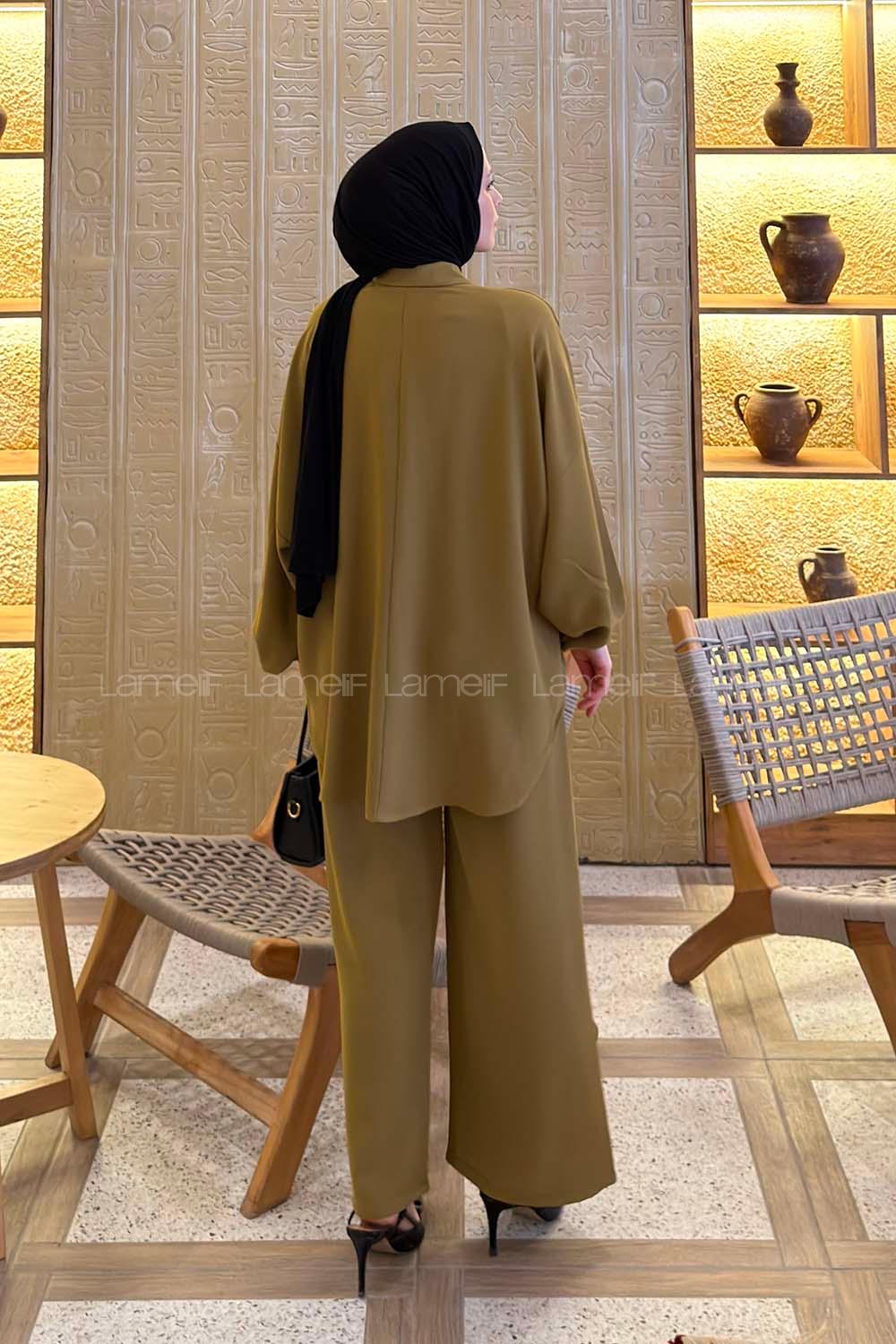 Lamelif Kol Büzgü Detaylı Takım Yağ Yeşili