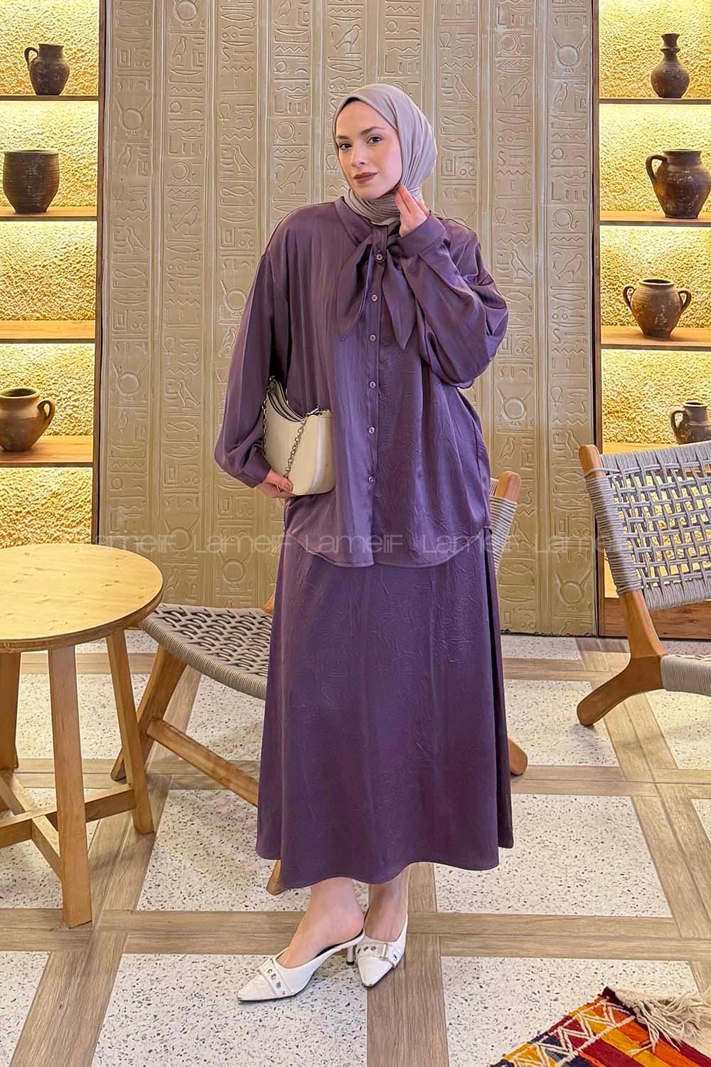 Lamelif Yaka Detaylı Etekli Takım Mor