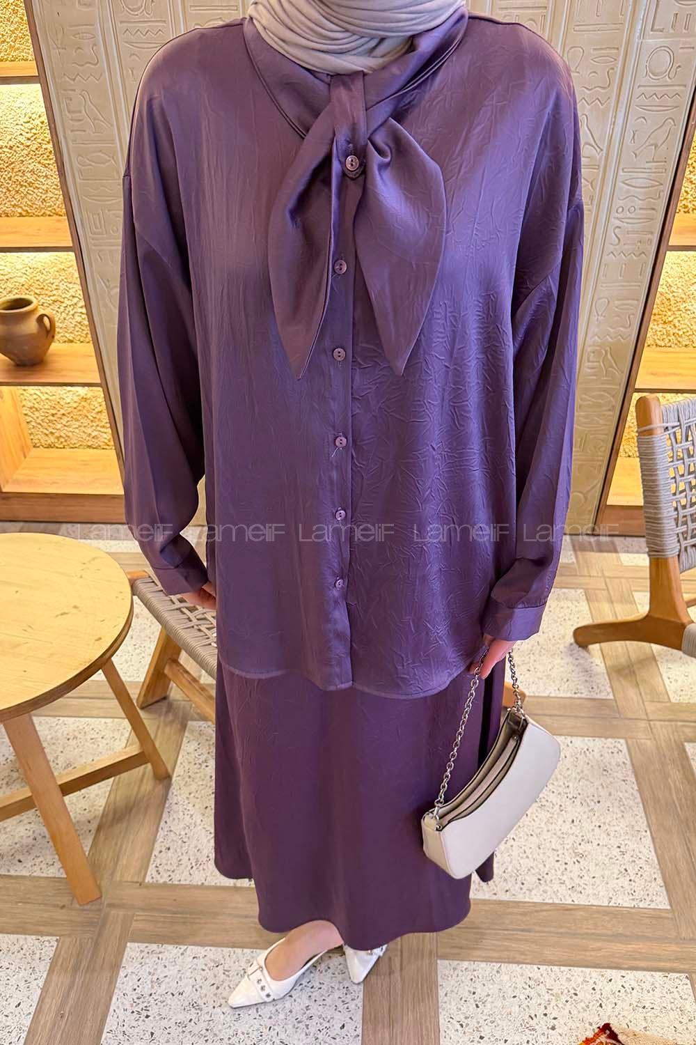 Lamelif Yaka Detaylı Etekli Takım Mor