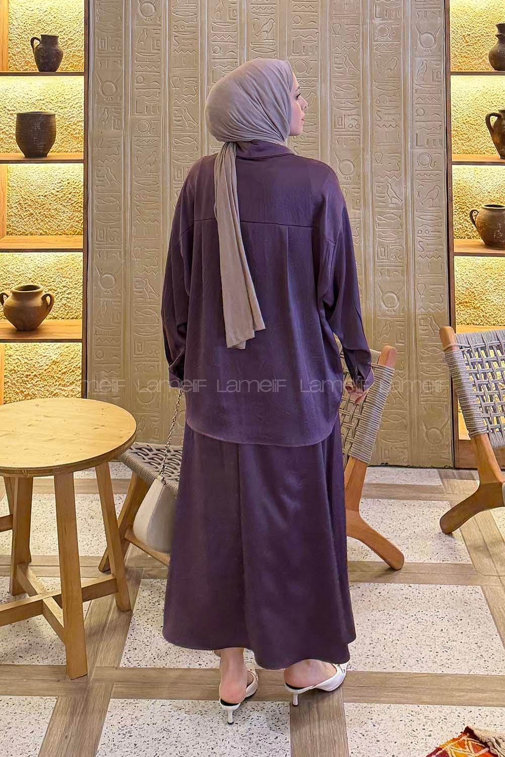 Lamelif Yaka Detaylı Etekli Takım Mor