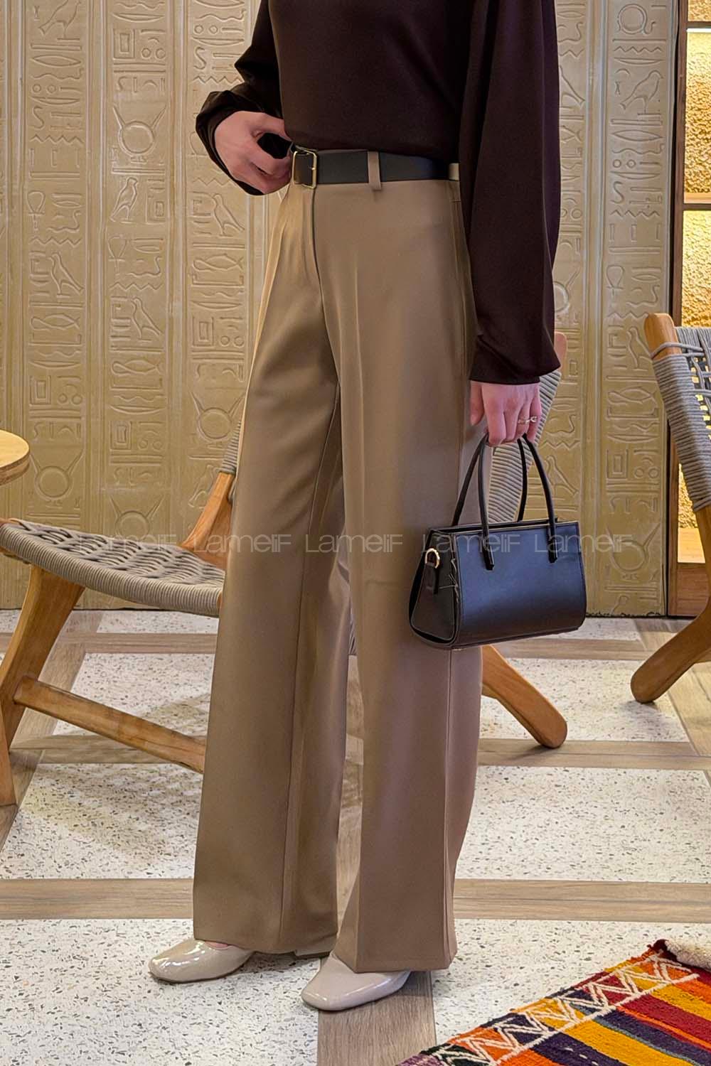 Lamelif Yüksek Bel Kumaş Pantolon Soft Kahve