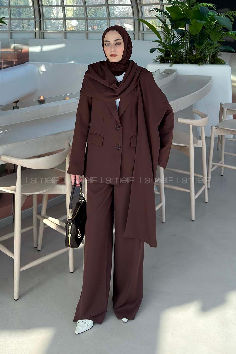Lamelif Atkılı Blazer Takım Koyu Kahverengi