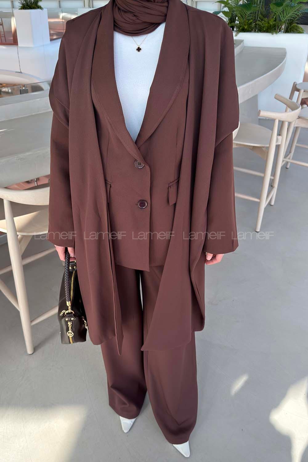 Lamelif Atkılı Blazer Takım Koyu Kahverengi