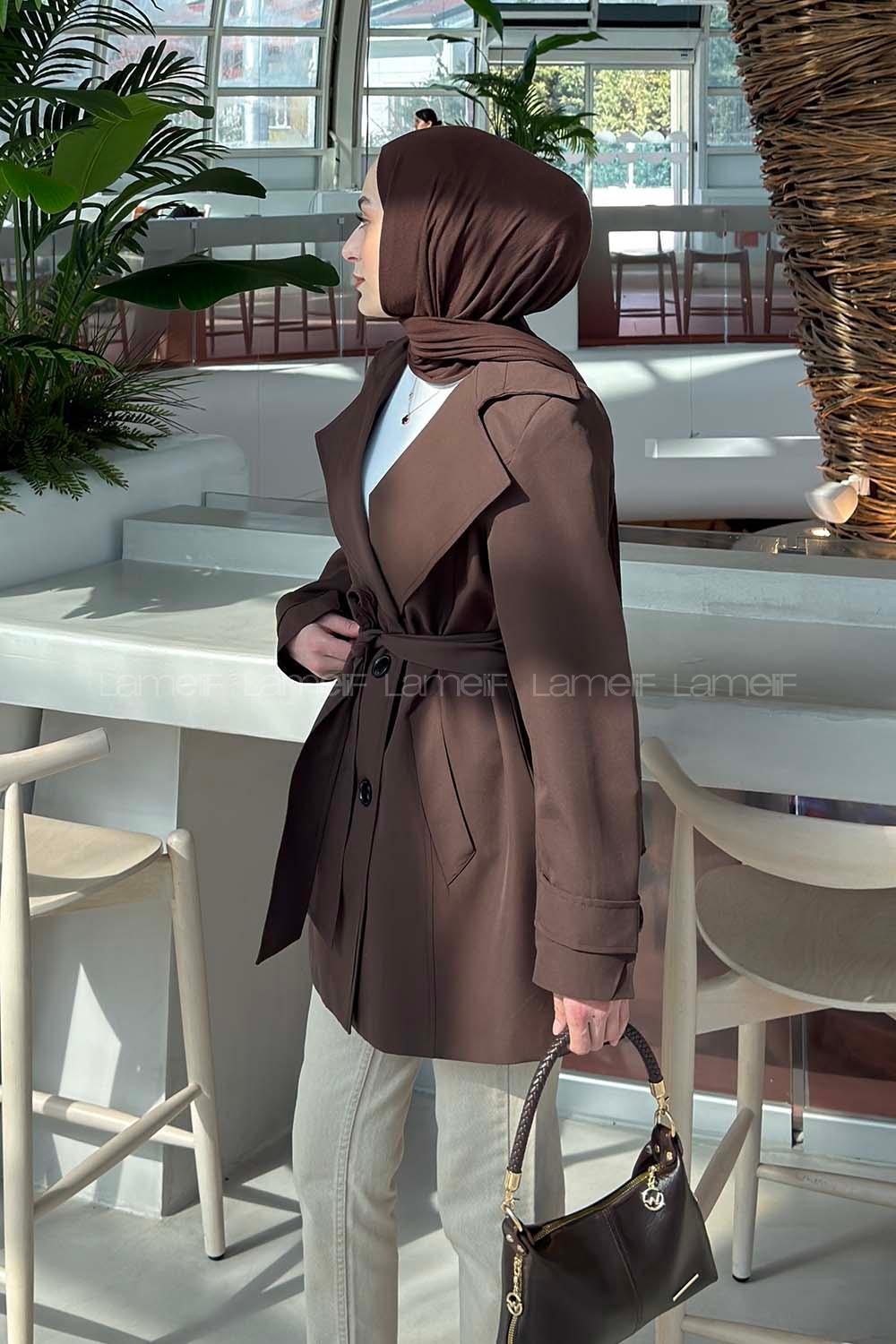 Lamelif Bağlama Detaylı Trençkot Acı Kahve