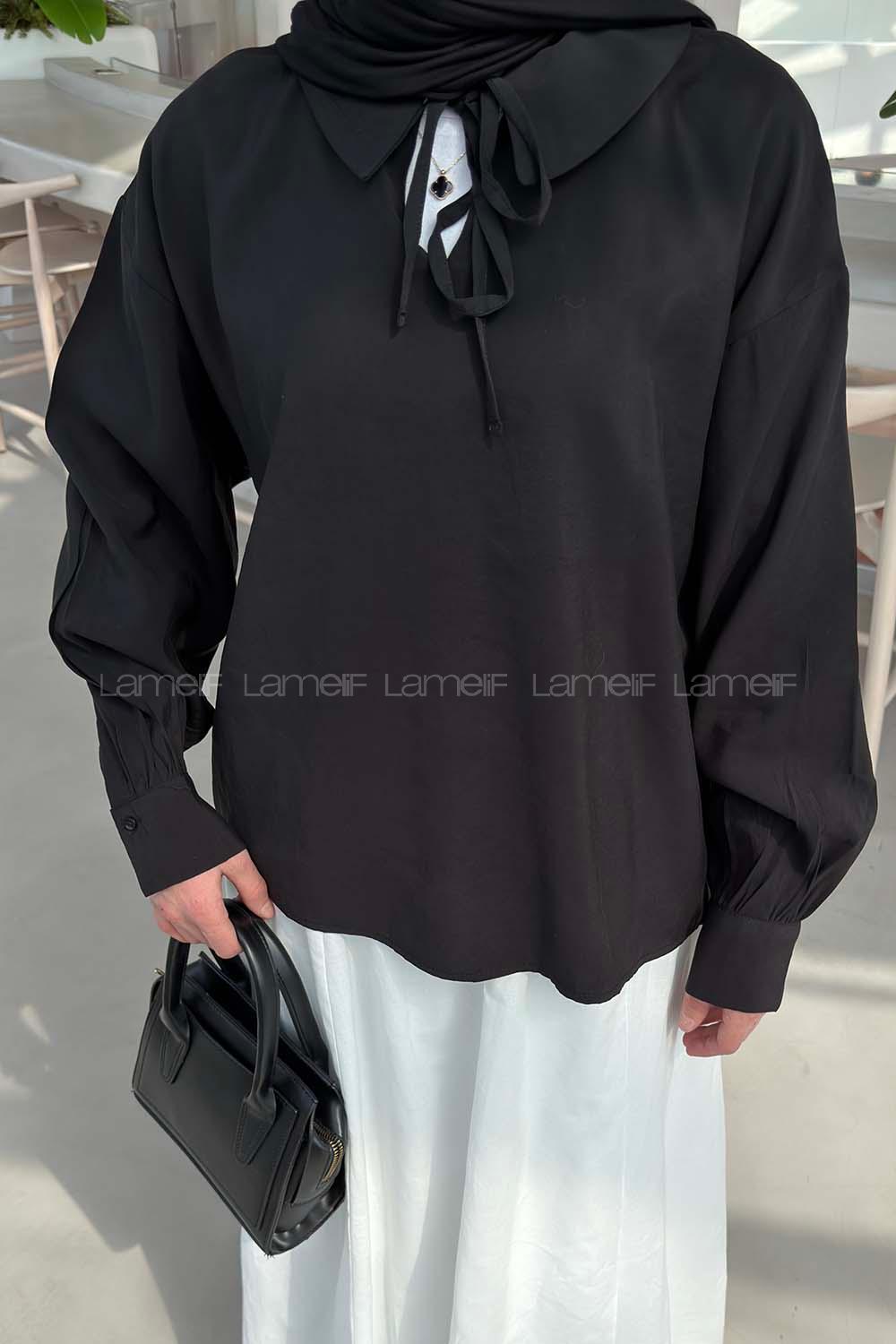 Lamelif Bebe Yaka Bağlamalı Tunik Siyah