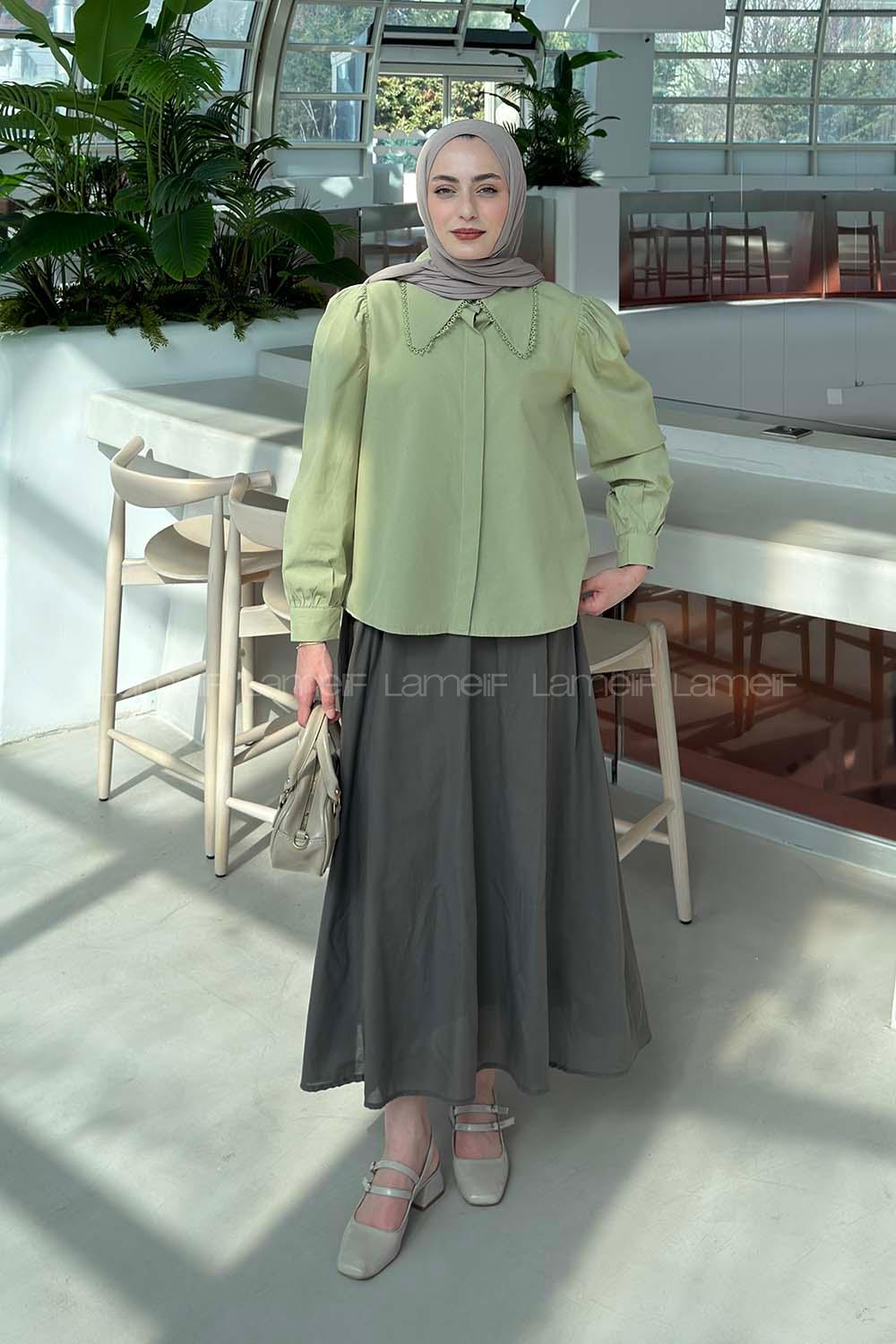 Lamelif Bebe Yaka Dantel Dikişli Gömlek Çağla Yeşili