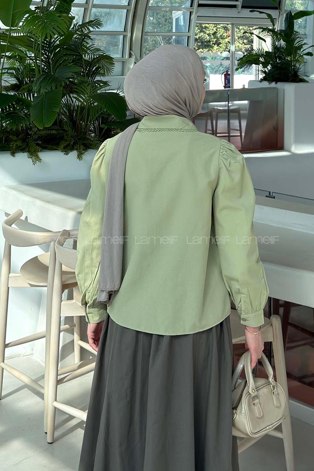 Lamelif Bebe Yaka Dantel Dikişli Gömlek Çağla Yeşili