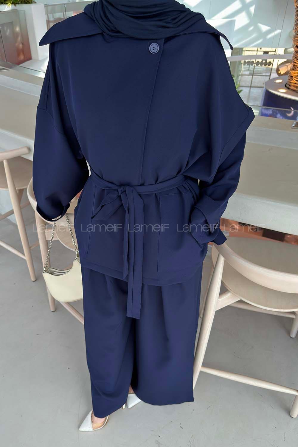 Lamelif Büyük Yaka Detaylı Pantolonlu Takım Lacivert