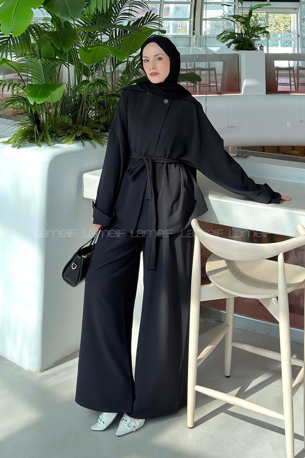Lamelif Büyük Yaka Detaylı Pantolonlu Takım Siyah