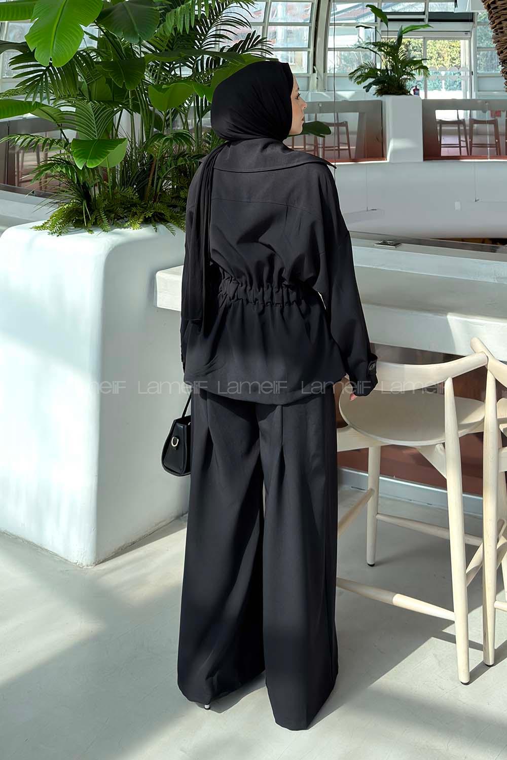 Lamelif Büyük Yaka Detaylı Pantolonlu Takım Siyah