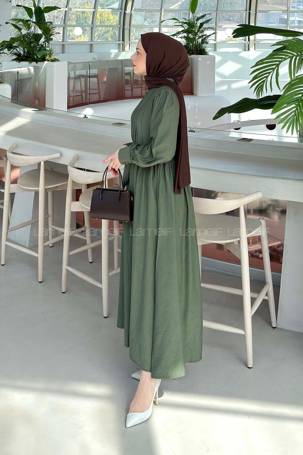 Lamelif Dantel Detaylı Bağlamalı Elbise Haki