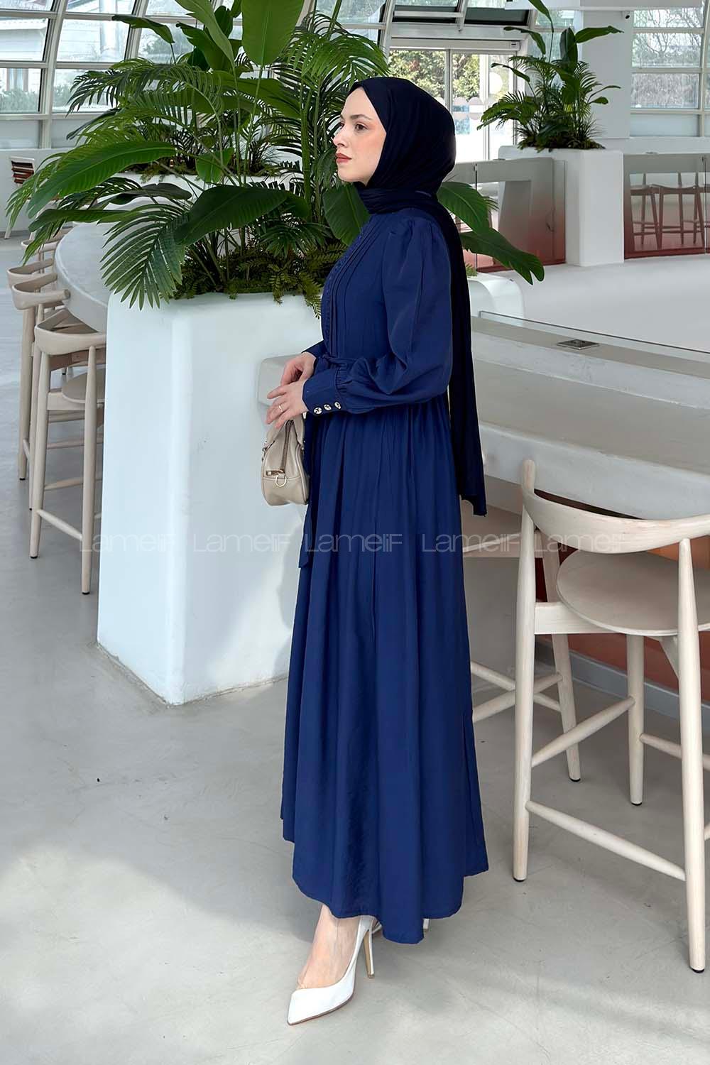 Lamelif Dantel Detaylı Bağlamalı Elbise Lacivert