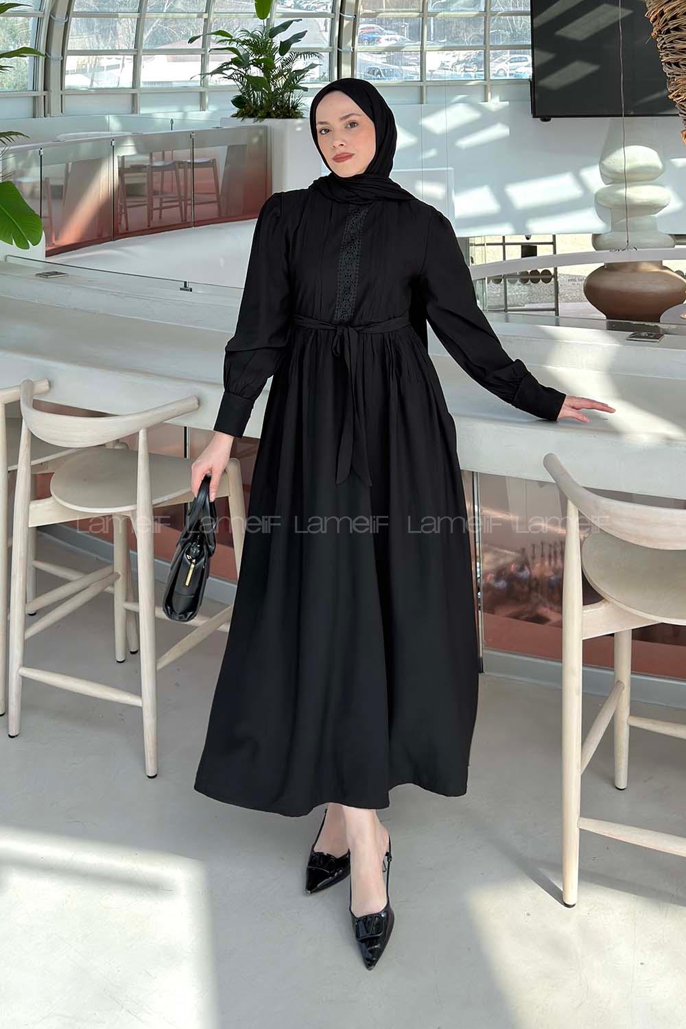 Black Mandarin Collar Cotton Unprinted Dresess