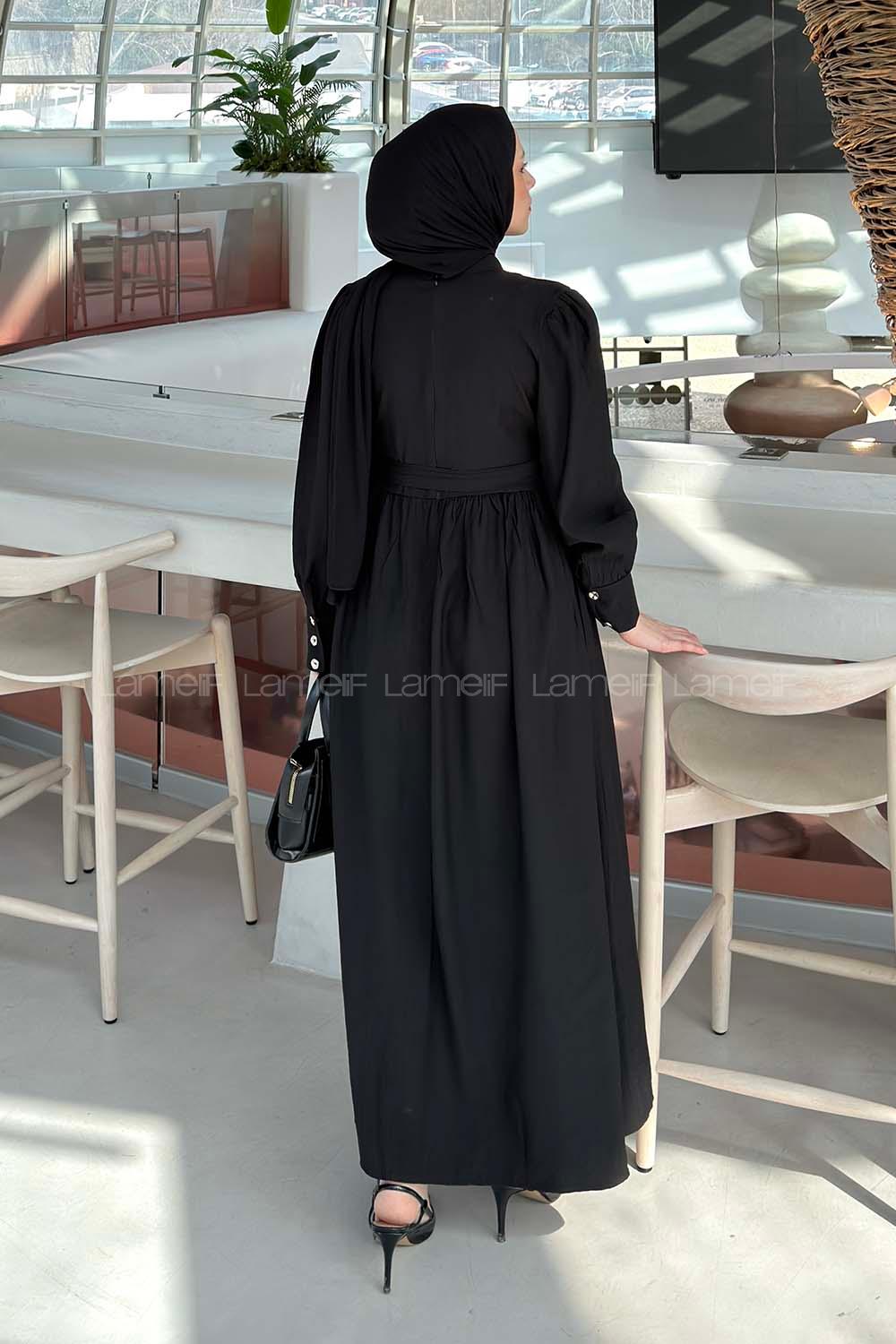 Black Mandarin Collar Cotton Unprinted Dresess
