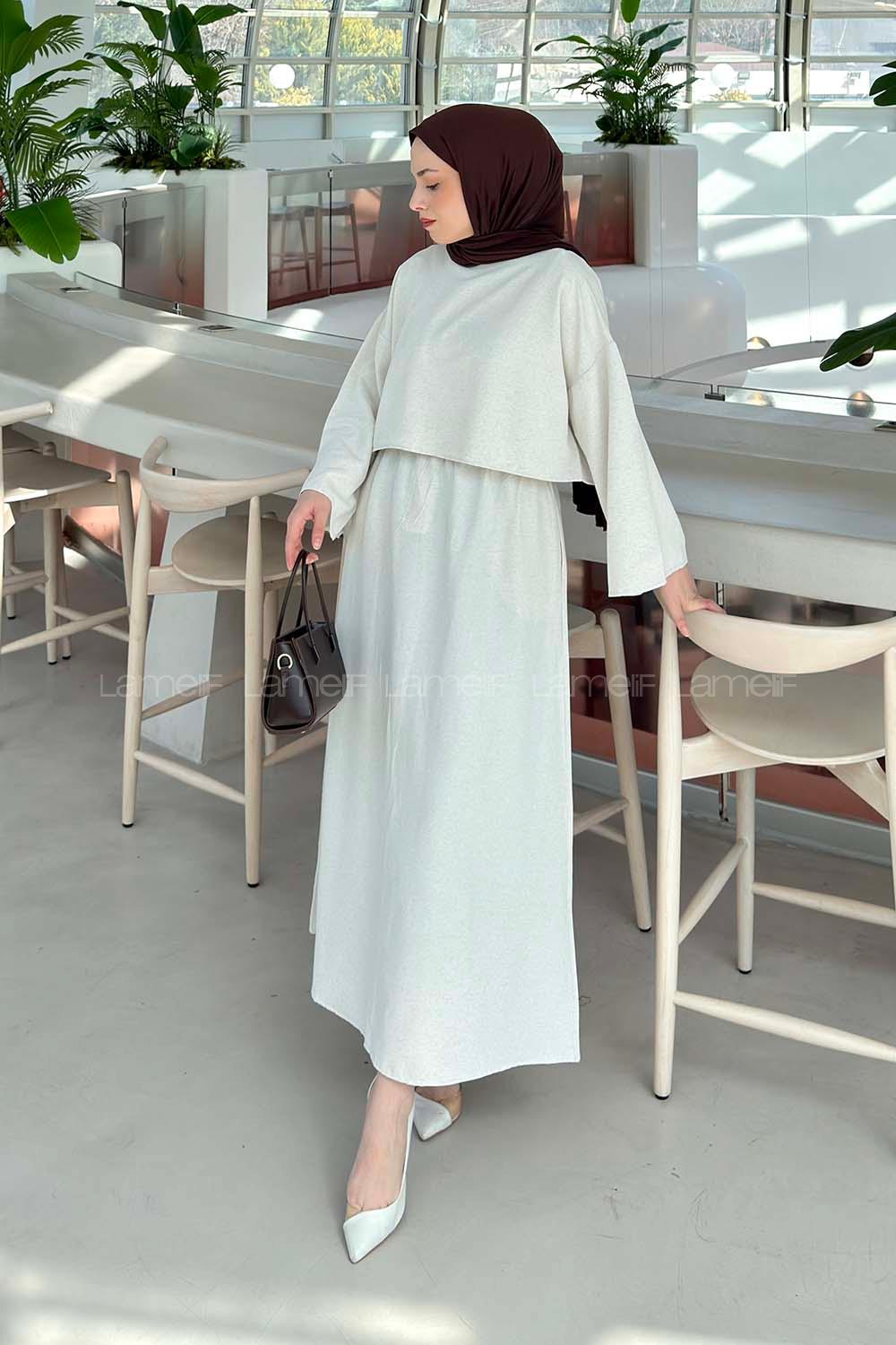Lamelif Etekli Tesettür Takım Taş Rengi
