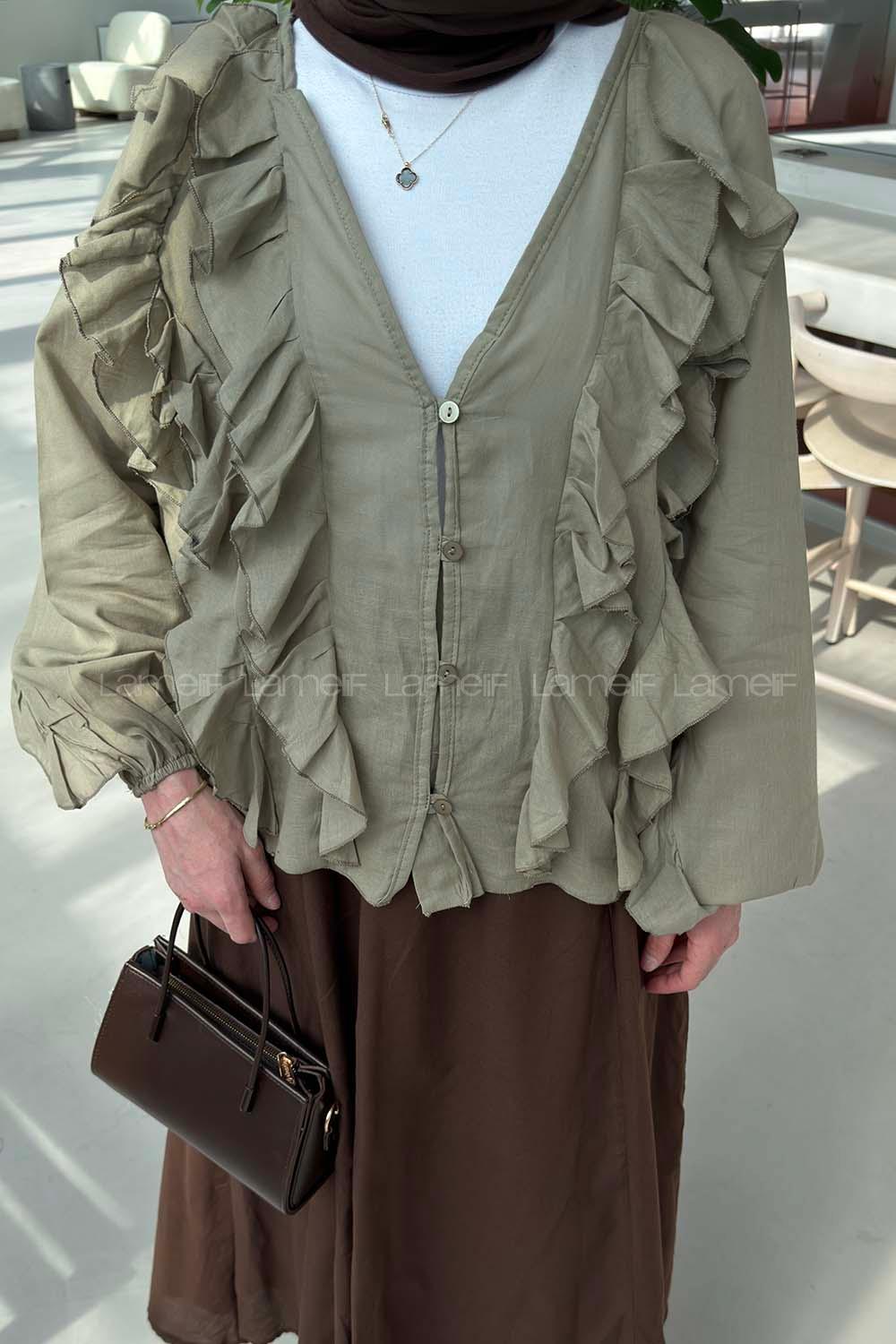 Lamelif Fırfır Detaylı Gömlek Haki