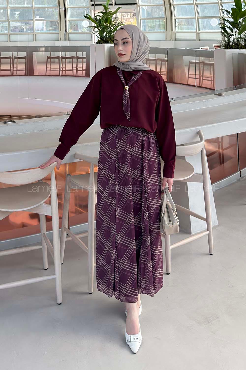 Lamelif Fular Detaylı Etekli Takım Bordo