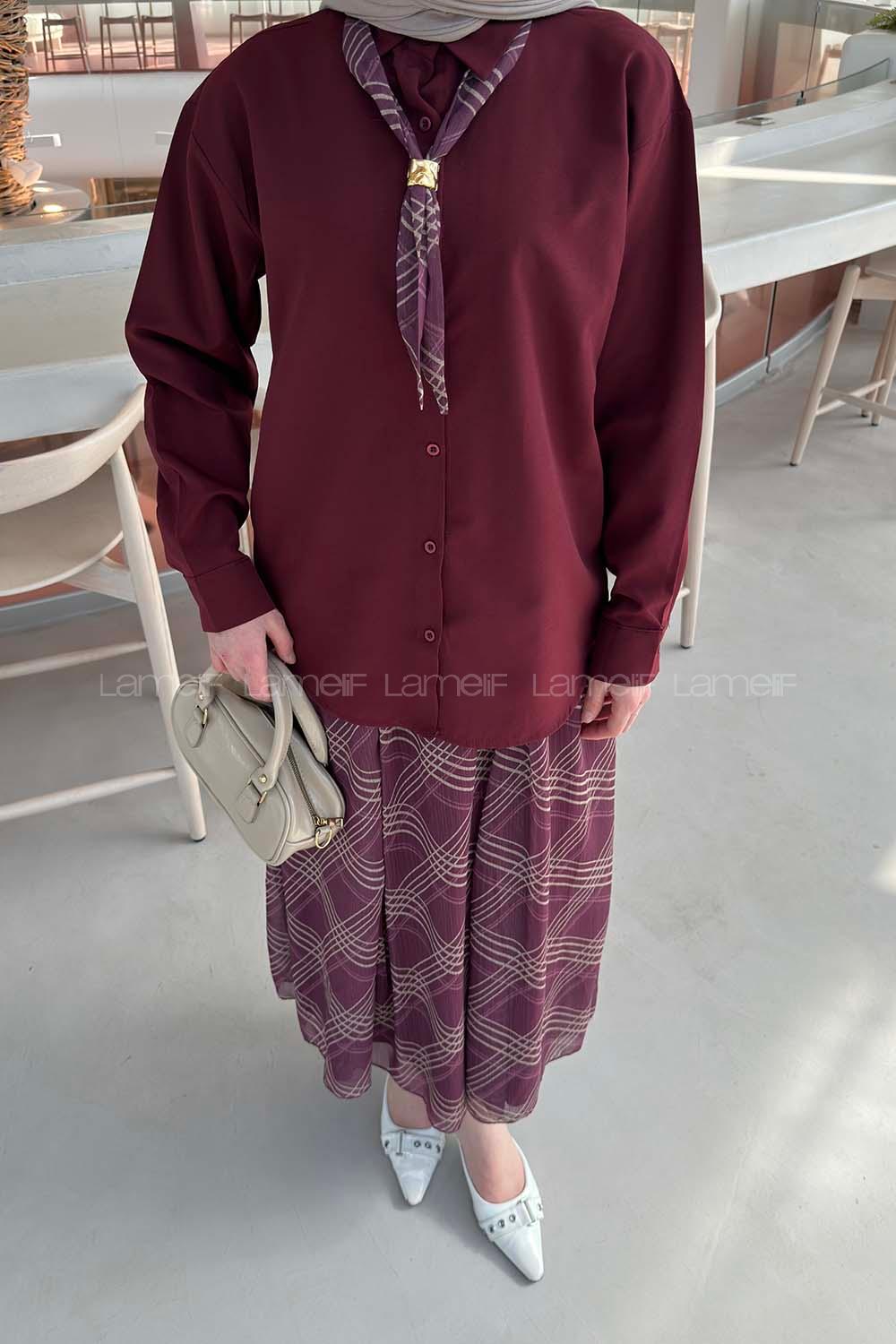 Lamelif Fular Detaylı Etekli Takım Bordo