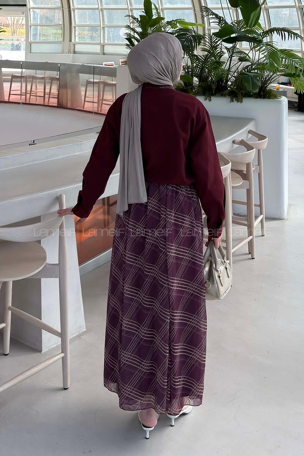 Lamelif Fular Detaylı Etekli Takım Bordo