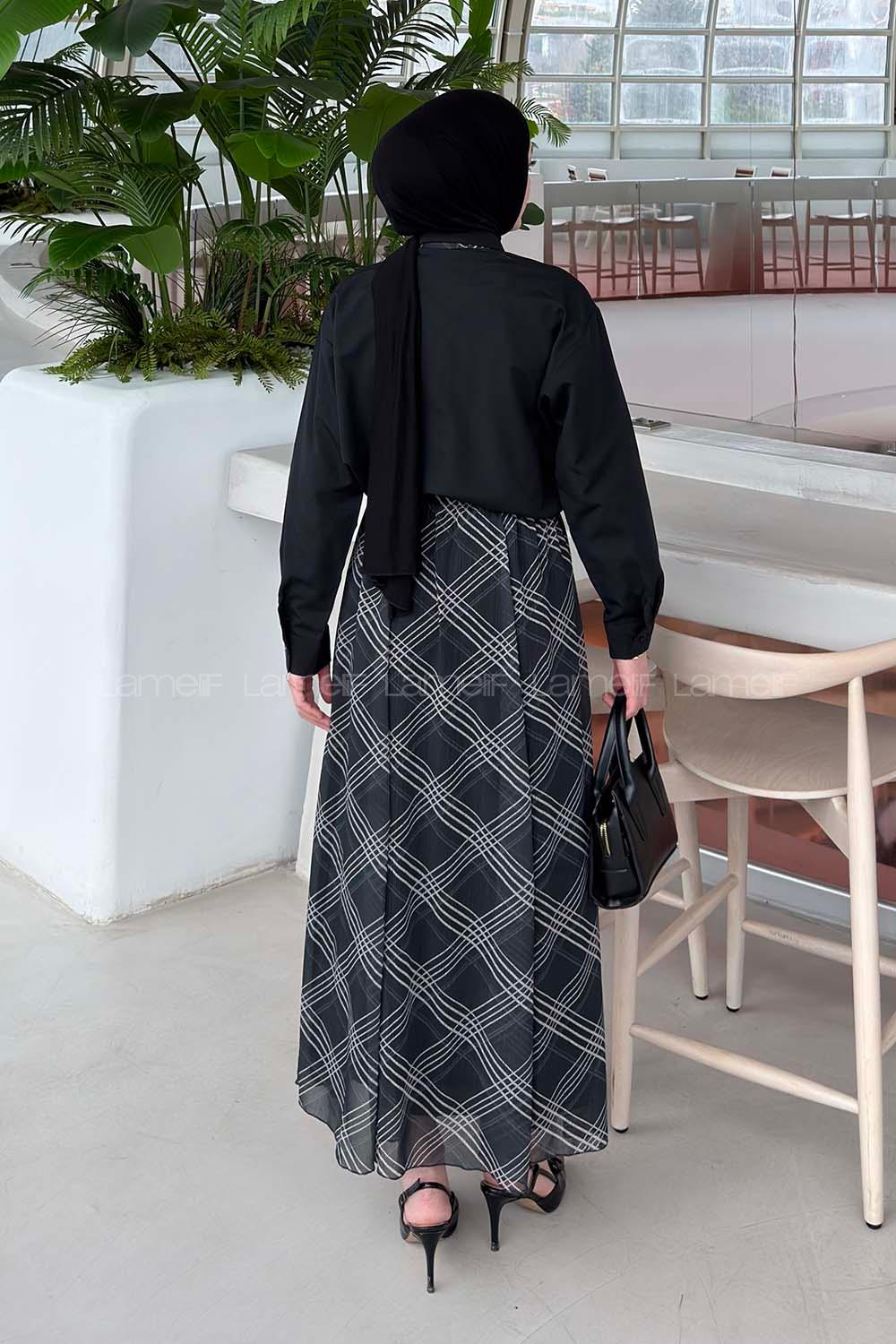 Lamelif Fular Detaylı Etekli Takım Siyah