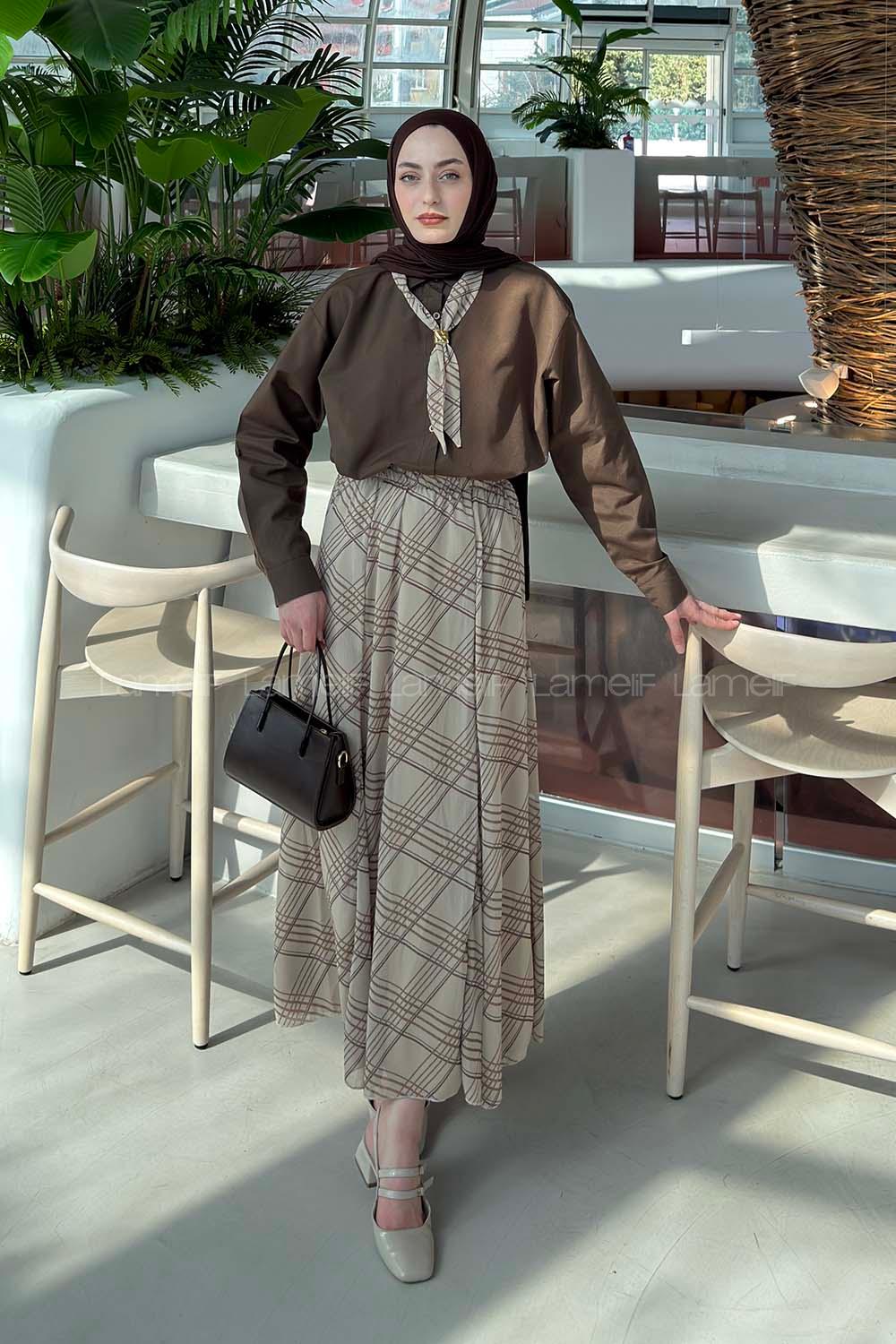 Lamelif Fular Detaylı Etekli Takım Soft Kahve