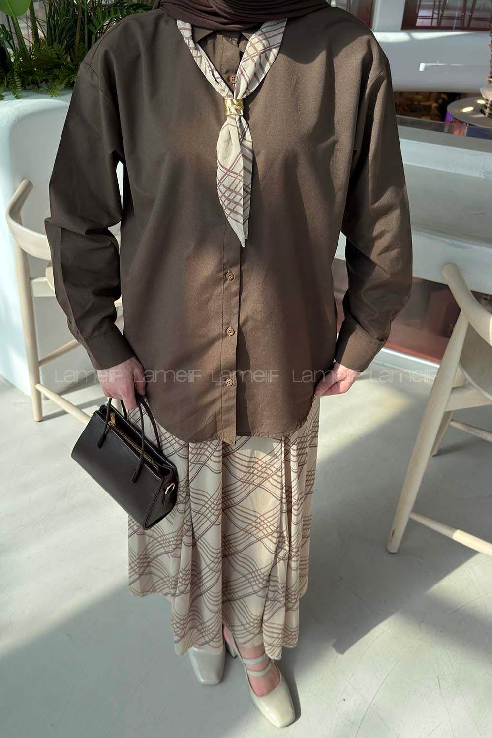 Lamelif Fular Detaylı Etekli Takım Soft Kahve