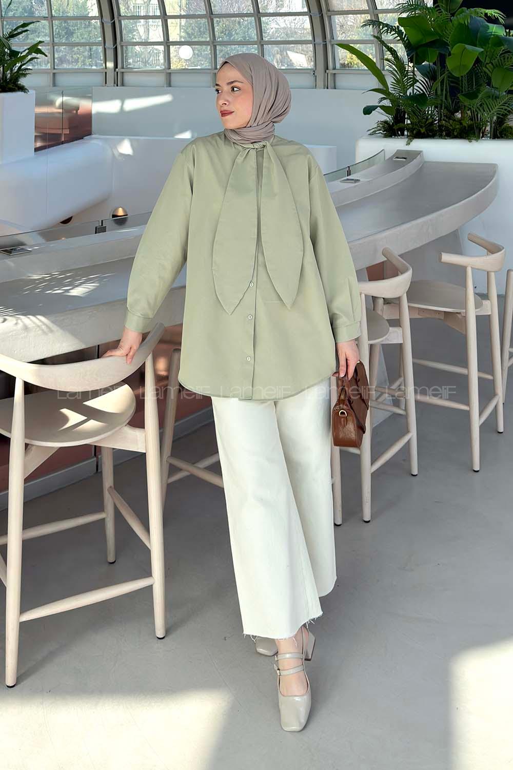 Lamelif Fular Detaylı Gömlek Çağla Yeşili